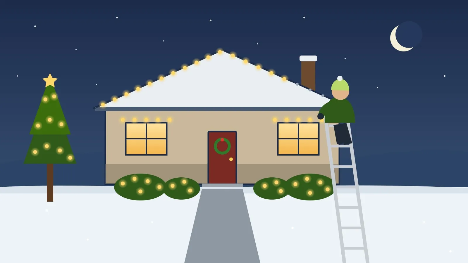 Illustration of a crew member on a ladder clipping warm white holiday bulbs along the roofline of a house at dusk, with lit shrubs below