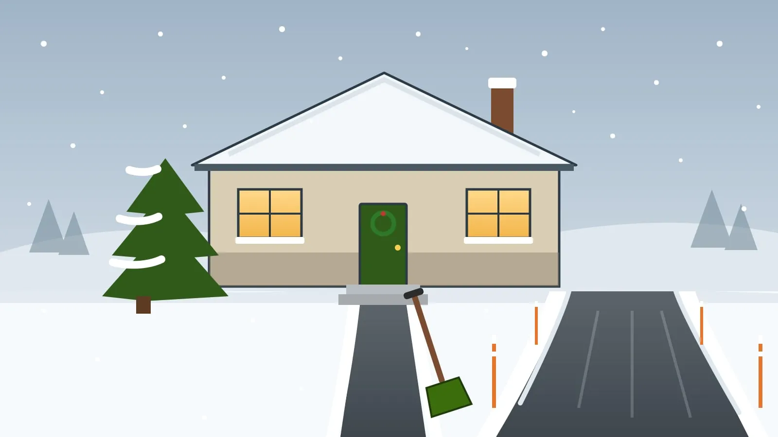 Illustration of a cleared driveway and walkway in front of a snow-covered house